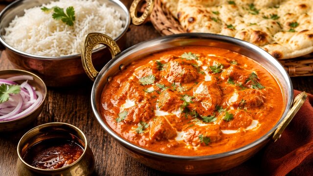 Indian butter chicken with rice and naan bread