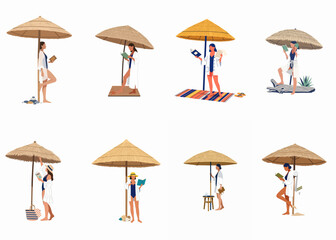 Collection of flat vector illustrations featuring women relaxing and reading books under straw beach umbrellas, ideal for summer vacation and travel design projects. © Nafa Project