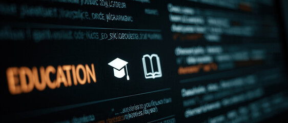 Fototapeta premium Education dashboard online learning digital interface graduation cap icon book icon screen display modern technology dark background data concept education dashboard online learning digital