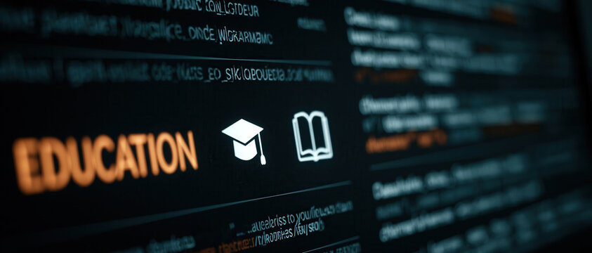 Education dashboard online learning digital interface graduation cap icon book icon screen display modern technology dark background data concept education dashboard online learning digital