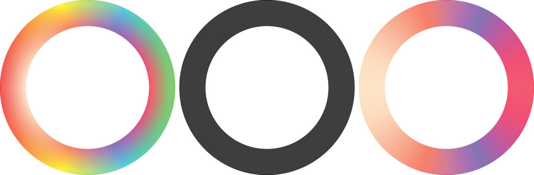 Geometric circular ring designs with dense parallel line work set on white flat background.