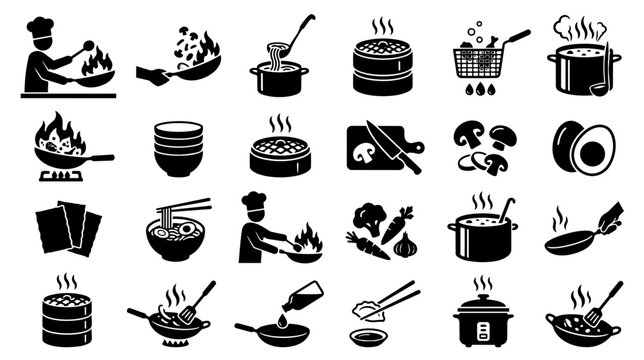 Cooking and culinary icons set featuring chef, wok stir fry, ramen bowl, dim sum steamer, kitchen utensils, and food preparation vector elements