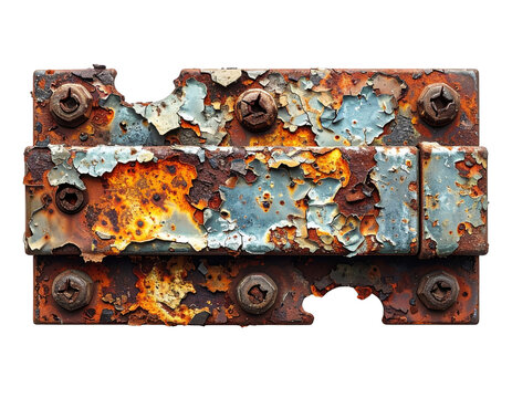 Old rusty door latch with peeling paint and weathered metal screws