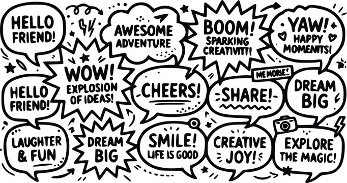 A collection of hand-drawn speech bubbles filled with positive affirmations, motivational phrases, and whimsical doodles in a black and white vector illustration style.