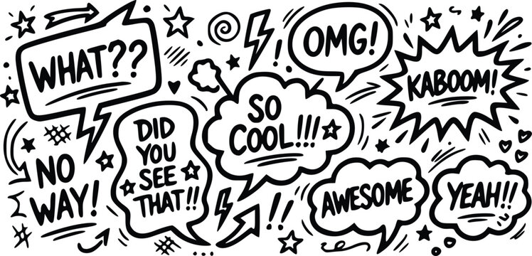 Dynamic comic book style speech bubbles with exclamations like "what," "omg," and "kaboom" in a graphic illustration