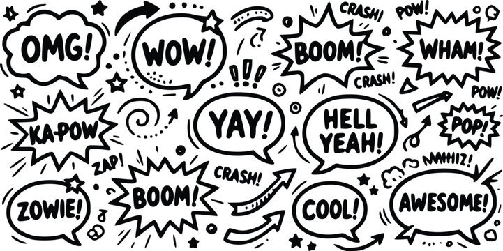 A dynamic black and white vector illustration featuring comic book style speech bubbles with various exclamation words