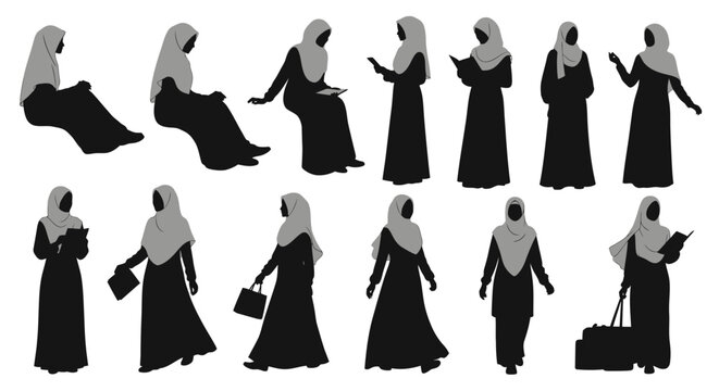 Silhouette of woman in hijab walking.