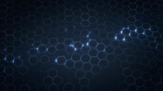 Dark abstract background with a subtle glowing hexagonal grid and sparkling lights.