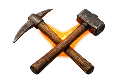 image.png Crossed old pickaxe and sledgehammer with wooden handles, rusty metal heads and bright orange glow, mining tools isolated on transparent background