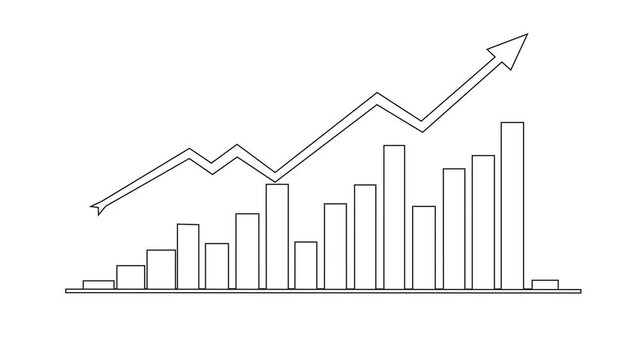 Elegant black and white continuous line success chart drawing, with clean minimalist design aesthetic, abstract motion graphic of outline marketing arrow illustration asset template. 4k video