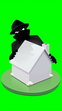 Home burglary, real estate fraud or property insurance concept. Animated loopable thief stealing house. Chroma key green screen with alpha channel.