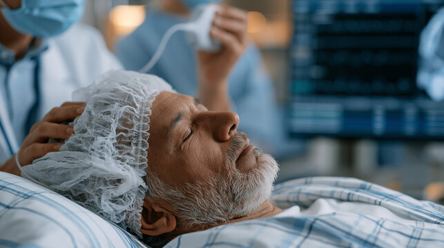 Neural implant deep brain stimulation programming session conducted by a neurosurgeon in a functional neurosurgery clinic, wireless telemetry wand adjusted over the patient's