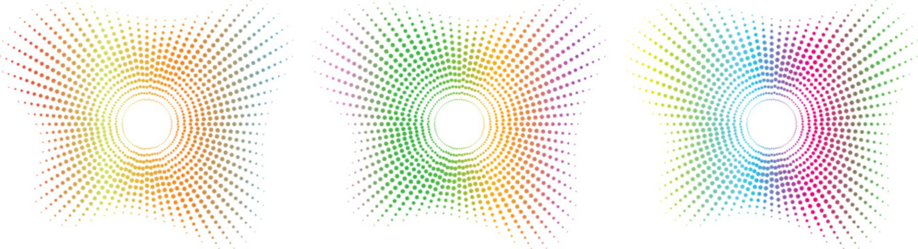 Set of abstract colorful radial halftone dot patterns with sunburst effect on white background.