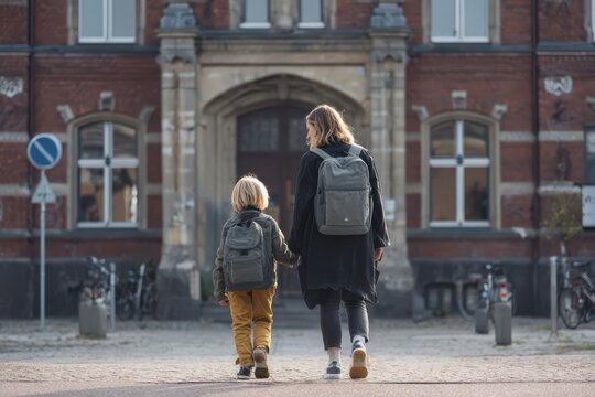 Mother and child walking hand in hand to school entrance with entrance backpacks education students building historic architecture learning parenting childhood daylight lifestyle together