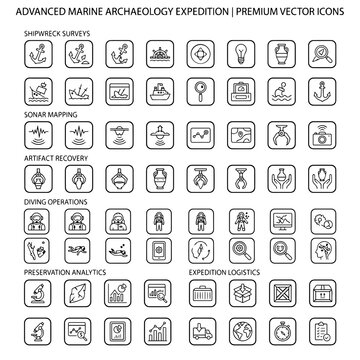 Marine Archaeology Expedition Vector Icons Line Style Collection