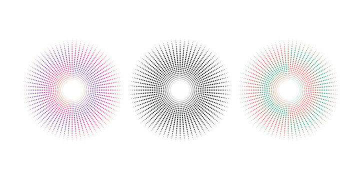 Three circular dot pattern design elements isolated on a plain clean white background.