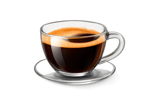 image.png Glass cup of black coffee with golden crema on a clear saucer, elegant hot espresso drink isolated on transparent background