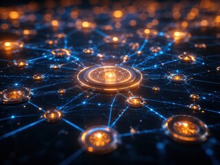 Obraz premium Digital Network Futuristic Abstract: A mesmerizing abstract visualization of a futuristic digital network, with glowing orange nodes interconnected by vibrant blue lines against a dark background.