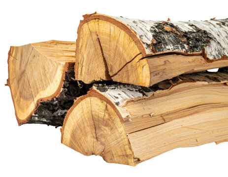 Stack of split birch firewood logs showing natural bark and wood grain texture
