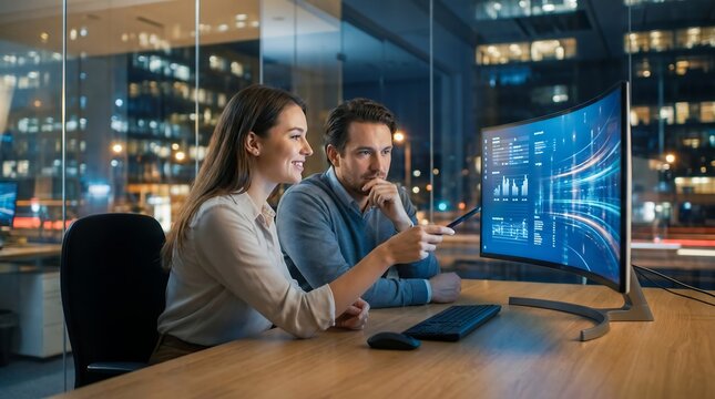 Business professionals working together in modern office at night looking at data visualization on large curved computer screen while discussing project strategy and solutions