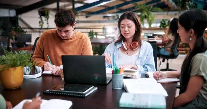 Laptop, study and talking with people in college for research, tutor session and education project. Assignment, university and knowledge with students on campus for class schedule and exam portal