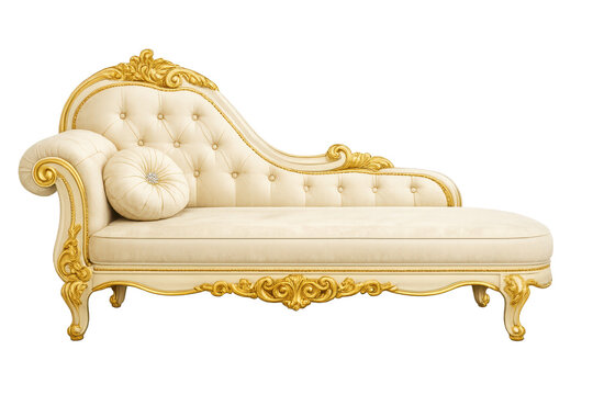 image.png Luxury cream chaise lounge with tufted upholstery, round pillow and ornate golden baroque frame, elegant vintage furniture isolated on transparent background
