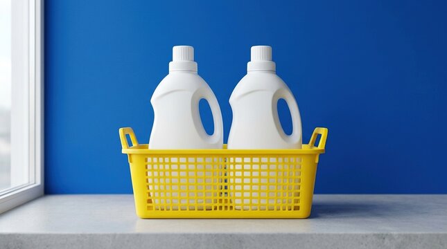 Two white plastic detergent bottles with handles in yellow plastic basket against blue background, cleaning product, laundry detergent, domestic hygiene, washing supplies, clean.
