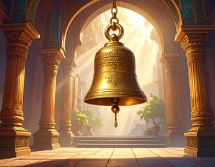 Obraz premium A large, ornate bell hangs from an archway in a serene, ancient temple courtyard with columns and potted plants