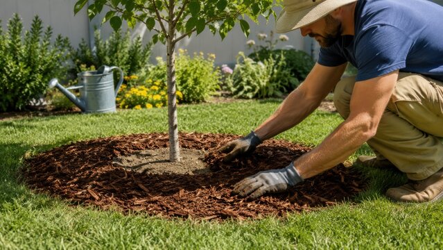 Gardener adds mulch around young tree, showing summer heat protection, moisture preservation and practical seasonal tree care.