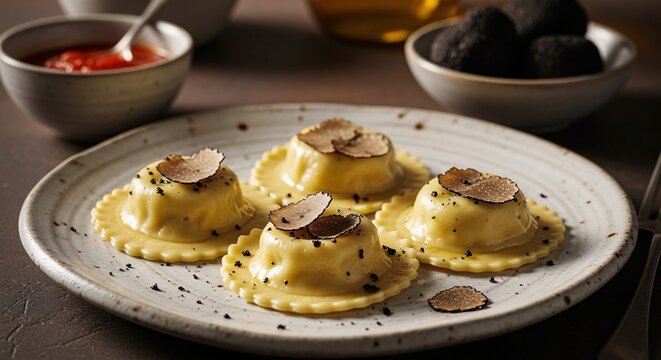 Delicious homemade ravioli pasta with fresh truffle slices served on a rustic white plate in a cozy kitchen setting for gourmet Italian cuisine lovers