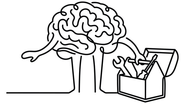Single line art of brain reaching for tools inside wooden tool box.