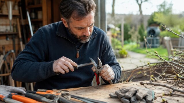 Garden tool care scene with pruning shears being sharpened by hand, illustrating equipment upkeep, cutting precision and responsible maintenance.