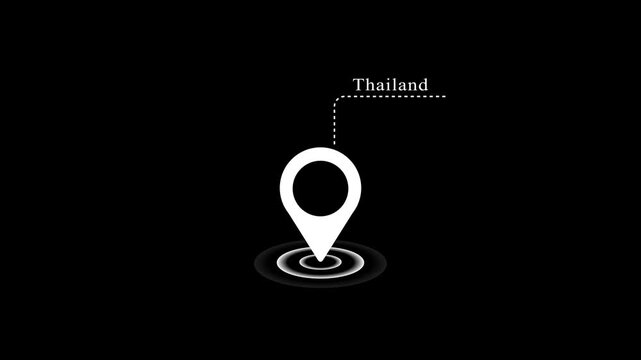 Minimalist White Map Pin Destination Pointer Animation with Thailand Country Name Callout Text Overlay and Typewriter Loop on Isolated Black Background.