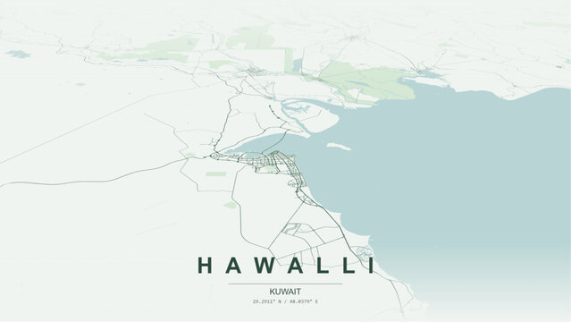 Modern minimalist vector map of Hawalli, Kuwait. High-quality scalable illustration of Hawalli city grid, Arabian Gulf Street waterfront axis, Marina Mall layout for posters design.