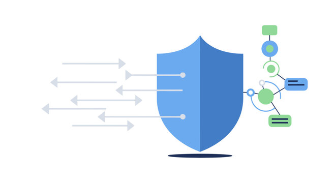 Cybersecurity Concept: Blue Shield Protecting Digital Network and Information Flow from External Threats and Cyber Attacks