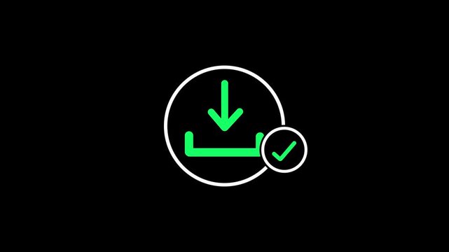White Circle Progress Loading with Green Arrow Download and Success Checkmark Finished Icon Animation Loop on Isolated Black Background.