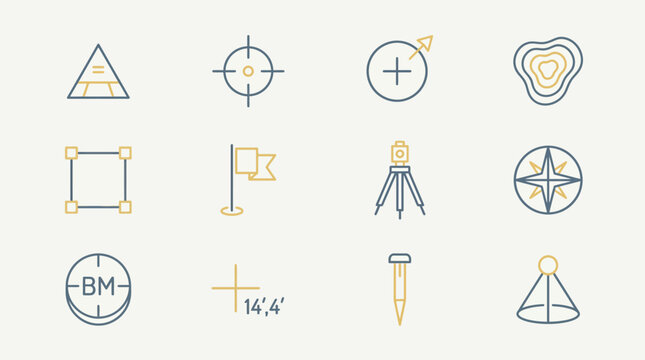 Modern outline icons set for land surveying, mapping, and geospatial data visualization, featuring precision measurement instruments and directional elements ideal for technical applications