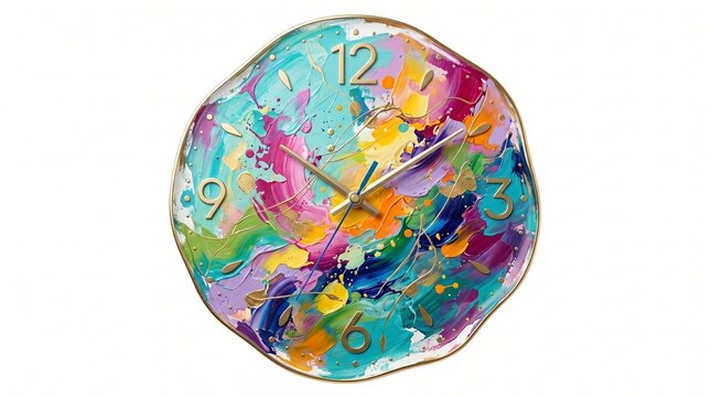 Decorative wall clock featuring a vibrant hand painted abstract oil canvas surface with thick textured brushstrokes and gold metallic accents isolated on a white background