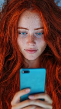 A beautiful young woman with striking red hair and blue eyes holds a vibrant blue smartphone. She shifts from a soft smile to a focused expression, engaging with the device