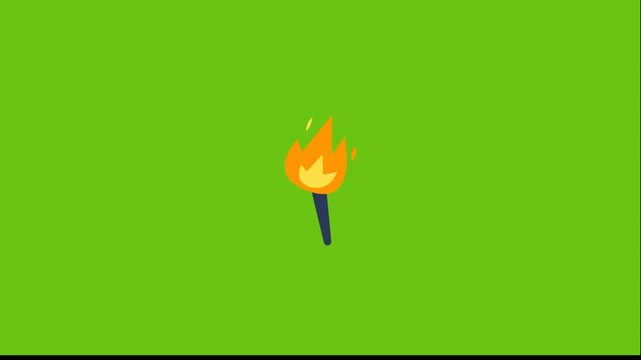 Animated torch icon set. Four torches with orange flames on green background. Motion graphics element. Vector illustration for video projects.