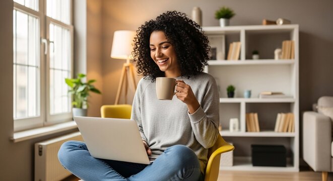 Young woman relaxing at home working on laptop drinking coffee smiling cheerful cozy living room interior natural light comfortable lifestyle