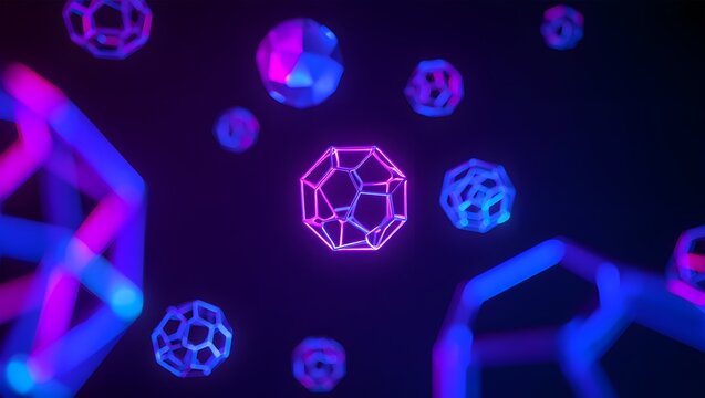 Abstract 3D Render of Glowing Neon Geometric Shapes in Dark Space