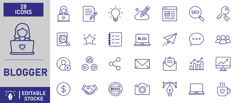 A set of 28 blogger line icons