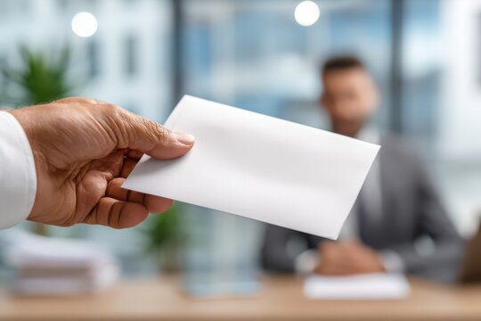 Professional business person handing white envelope to associate across desk with envelope business document transaction exchange contract corporate delivery agreement communication transfer