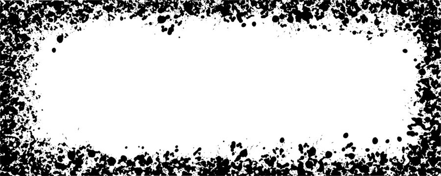 Hand drawn grunge background with dense black speckled border, rough distressed ink texture, and blank white rectangular center, suitable for posters, banners, labels, cards, headers, frames, and text