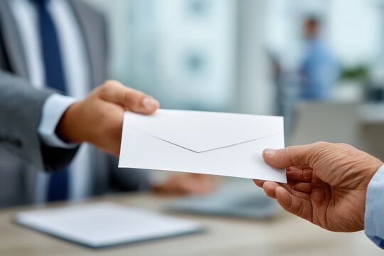 Two businessmen exchanging white envelope in office environment with envelope business document transaction exchange contract corporate delivery agreement communication professional