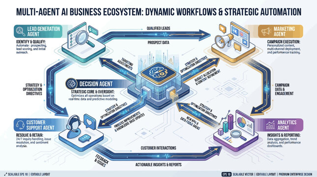 Comprehensive multi-agent AI framework for dynamic business workflows, strategic automation, and data-driven insights across customer lifecycle management