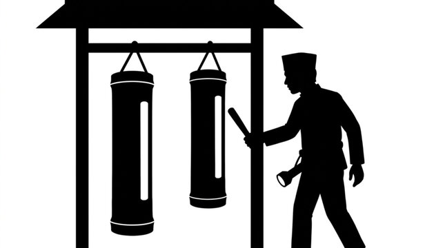Traditional Indonesian Night Patrol Security Guard Striking Wooden Slit Drum Silhouette Vector Illustration