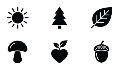 Nature Icons Set: Sun, Tree, Leaf, Mushroom, Heart Plant, Acorn. Simple Black Vector Symbols for Ecology, Outdoors, and Growth Concepts. © MdRiaz