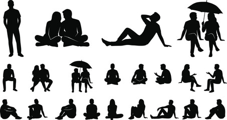 Set of black silhouettes featuring people and couples in various resting, sitting, and relaxing poses with umbrellas © MstLily